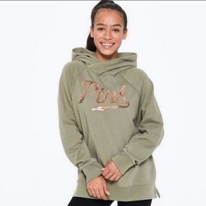 Victoria secret PINK Bling Olive/Rose Gold Hooded sweatshirt Sz L